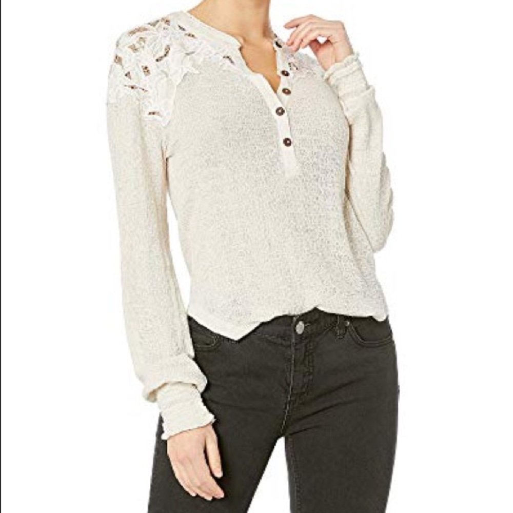Free People Easy Breezy Appliqué Henley Top Ecru S